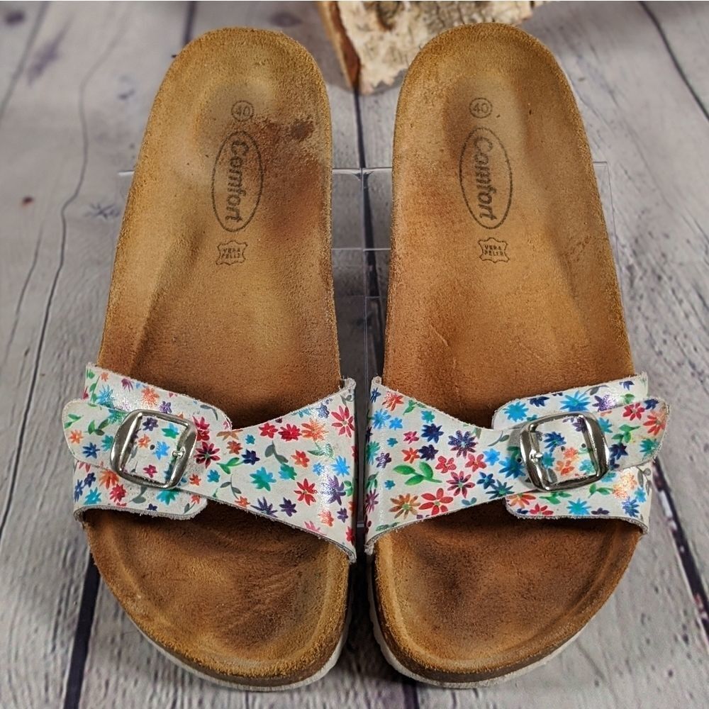 Comfort by Vera Pelle Floral Leather Buckle Slides Sandals